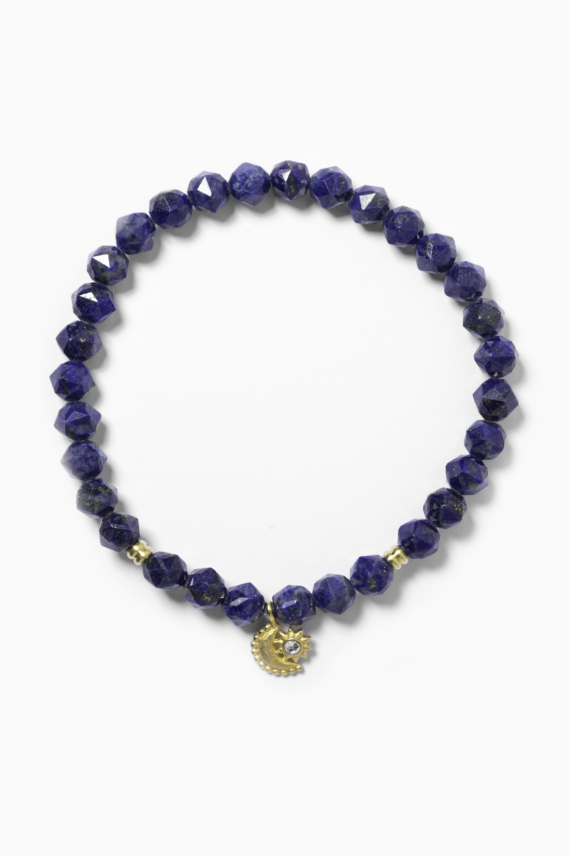 Blaues Armband aus Lapis-Lazuli für Damen mit natürlichen Edelsteinperlen goldenem Sonne-Mond Anhänger.